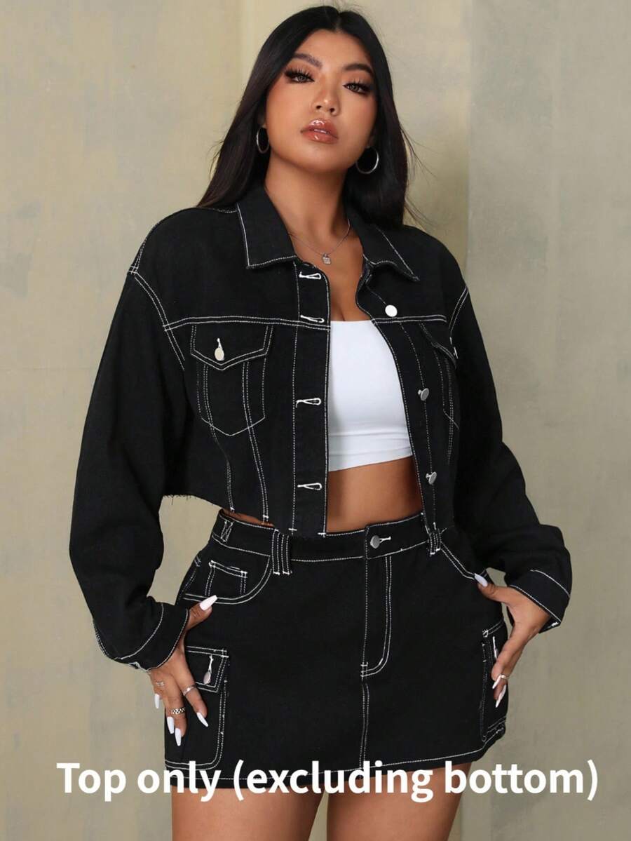 SHEIN ICON Plus Size Women's Spring Autumn Drop Shoulder Loose Casual Denim Jacket - Black - View 1