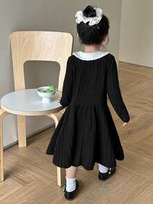SHEIN 2pcs/Set Young Girl Knitted Contrast Color Collar Fitted Casual Dress - Black - View 3