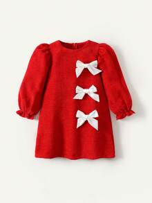 Maija Kids Young Girl Red Tweed Patchwork White Bow Collar Long Sleeve Dress - Red and White - View 3