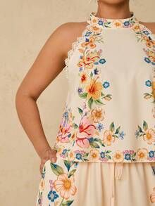 Travachic Bộ đồ 2 món họa tiết hoa nhiệt đới thanh lịch lãng mạn cỡ lớn, cổ yếm hở vai + quần ống rộng có túi, dành cho nữ, phong cách đảo nghỉ dưỡng đầu xuân - Màu vàng ngỗng - Xem 7