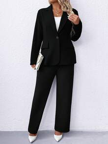 Elenzga Plus 纯色翻领单扣西装外套和裤子 - 黑色 - 查看 6