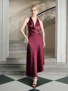 Anewsta Plunging Neck Tie Strap Bow Sleeveless Cinched Waist Bodycon Dress, Suitable For Beach Party, Vacation