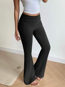 Flirla Women's Solid Color Ruched Waist Yoga Fabric Flare Leggings - Multicolor - View 7