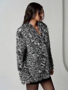 SHEIN Unity 1 件女式常规夹克，黑色，休闲，通勤，豹纹人造毛皮拼接，适合日常、通勤、休闲穿着 - 黑色 - 查看 4