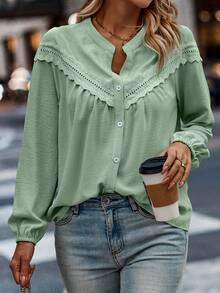SHEIN LUNE Plus Size Casual Solid Color Lace Trim Blouse - Mint Green - View 4