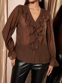 Zelara 大码优雅纯色荷叶边衬衫 - 咖啡棕 - 查看 3