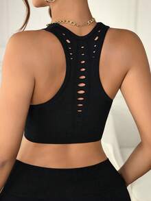 Easithlete Sutien sport perforat, fără cusături, de înaltă elasticitate, de culoare solidă, pentru femei - Negru - Vizualizare 2