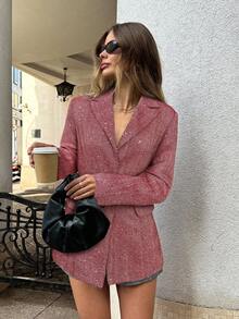 SHEIN BAE 女士时尚通勤亮片装饰西装外套 - 酒紅色 - 查看 6