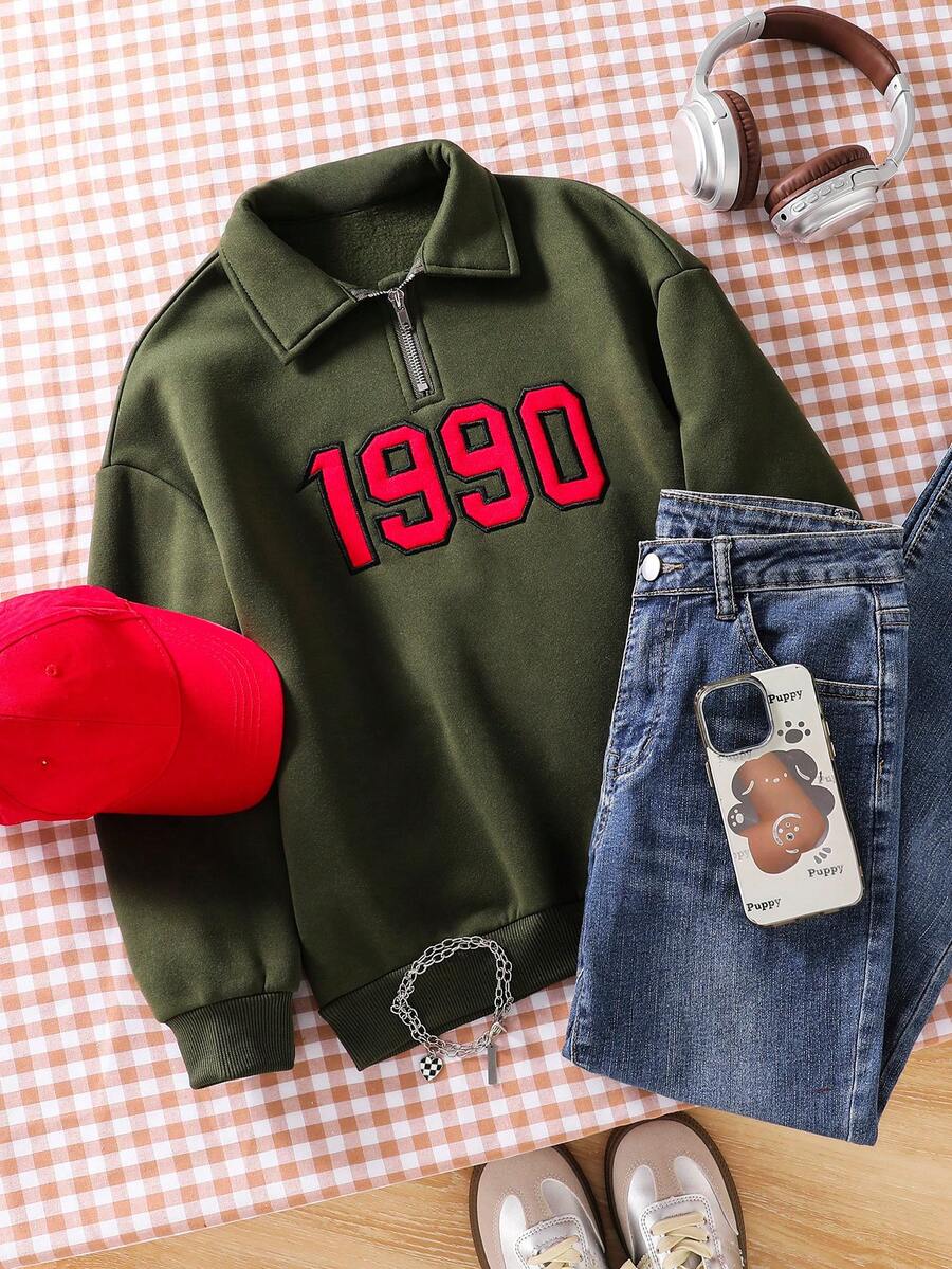 少女休闲街头风刺绣字母“1990”复古红色文字街头服饰Polo衫 - 軍綠色 - 查看 1