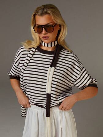 Athîral 两件套女士撞色条纹长袖毛衣套装