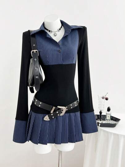 Elamini 女士黑色短款连衣裙，适合日常穿着、通勤、返校季，优雅复古，两件式褶皱设计，返校季日常休闲学院风。