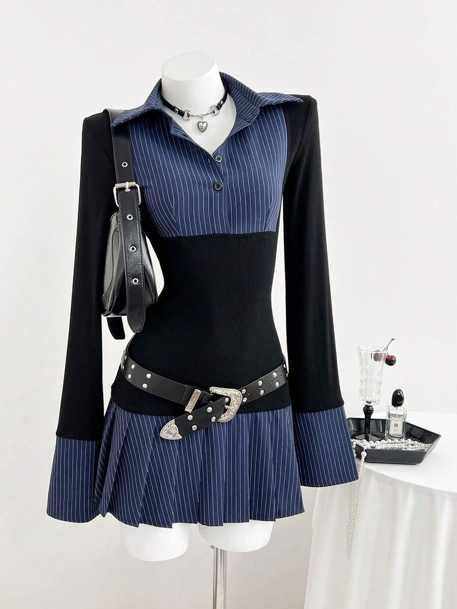 Elamini 女士黑色短款连衣裙，适合日常穿着、通勤、返校季，优雅复古，两件式褶皱设计，返校季日常休闲学院风。 - 藏蓝色 - 查看 1