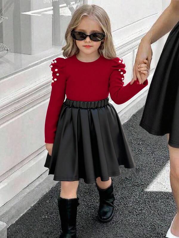 Firerie Kids Conjunto de camiseta de manga gigot ajustada y falda de PU color borgoña elegante y casual para niña NovaGlow