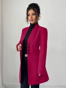 SHEIN Tall 女款休閒立領羊毛混紡修身長版外套 粉色西裝外套女裝西裝裙 高個女性適用 - 紅色 - 查看 3