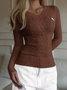 SHEIN Tall CURVE 大码女式骑士图案长袖V领毛衣，秋冬款 - 棕色 - 查看 5