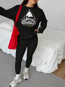 SHEIN EZwear Bộ 2 áo nỉ cổ tròn rộng rãi in hình cây thông Noel và quần legging bó - màu đen - Xem 6