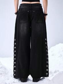 ROMWE Grunge Punk Relaxed Fit Grunge Distressed Vintage Oversized Cross & Vine Print Women Jeans - Black - View 3