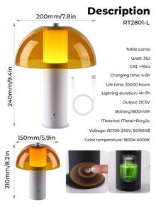 Teckwe 蘑菇造型台灯，无线便携，USB充电，触摸调光夜灯，适用于床头、家居、餐厅 - 均碼 - 查看 7