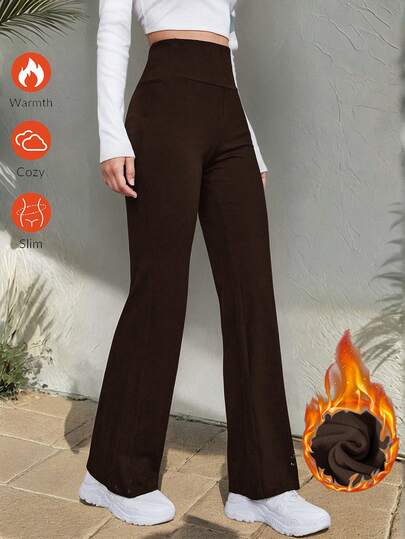 SHEIN EZwear Pantalones acampanados de mujer de estilo casual y versátil, forrados térmicamente en color marrón, adecuados para otoño/invierno, estilo urbano, actividades al aire deportes
