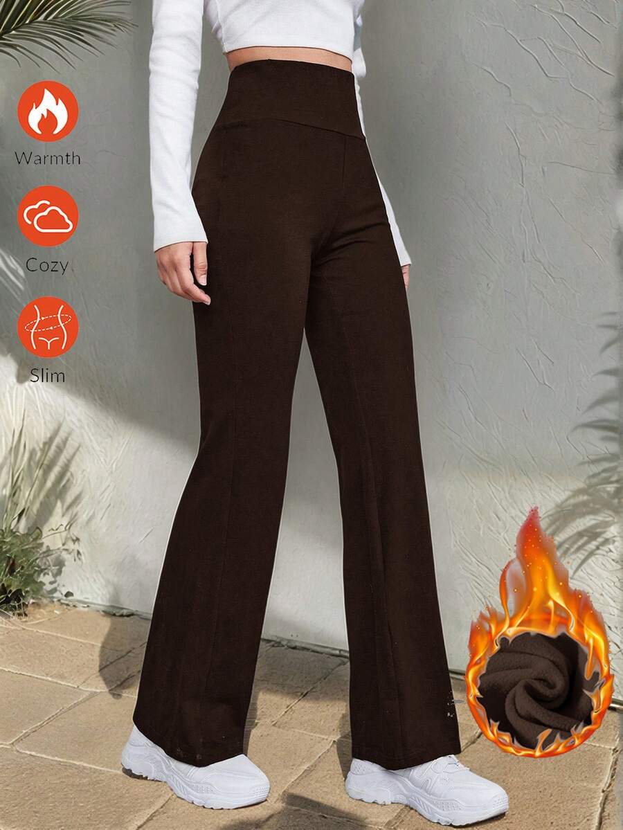 SHEIN EZwear 女士休闲百搭棕色喇叭保暖裤,适合秋冬季节、街头风、户外运动等场合。 - 棕色 - 查看 1