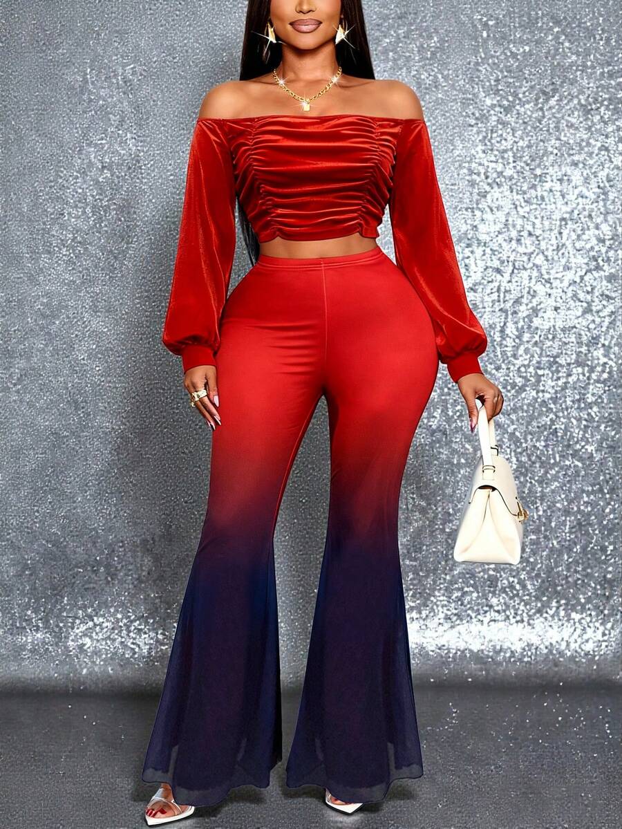 INAWLY Plus Size Solid Color Off Shoulder Ruched Cropped Top + Ombre Flare Pants 2-Piece Set - Black - View 1