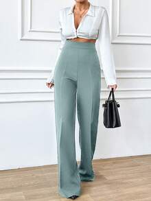 EURMUSE Quần ống đứng lưng cao màu trơn thường ngày cỡ lớn dành cho nữ - Màu xanh bạc hà - Xem 5