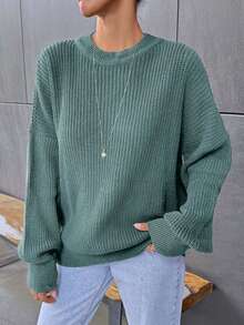 EURMUSE Casual Solid Color Drop Shoulder Sweater, Autumn/Winter - Mint Green - View 5