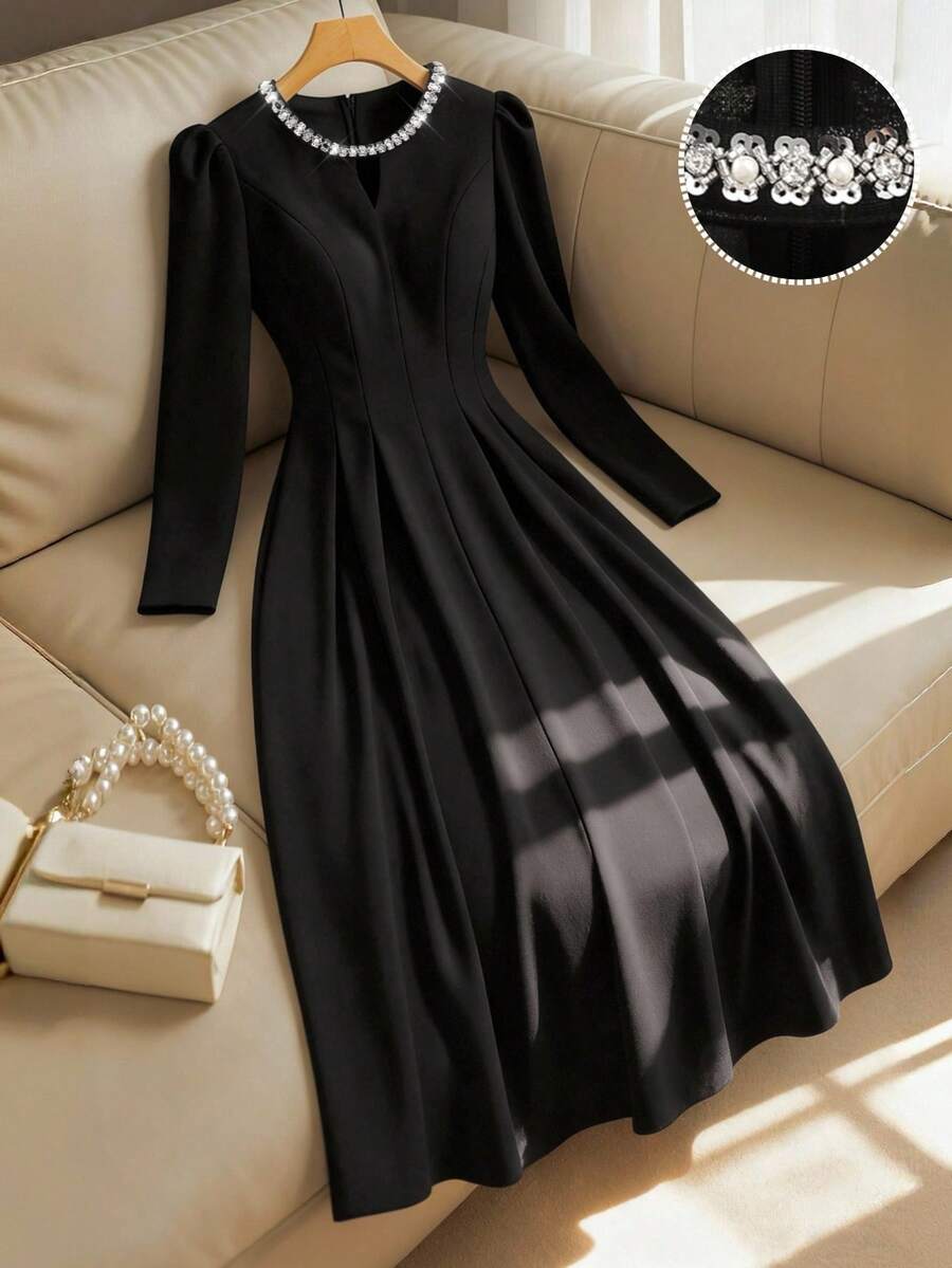 SHEIN Franclia 女士优雅珍珠缀饰领长袖连衣裙 - 黑色 - 查看 1