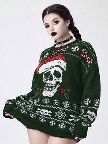 ROMWE Goth Suéter holgado con estampado de gorro de Papá Noel estilo gótico - Verde - Ver 4