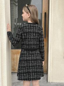 Serisse Kids 2 件青少年女孩休闲通勤时尚优雅黑白格子背带裙搭配撞色金属纽扣装饰夹克，时尚日常穿着，秋冬 - 黑與白 - 查看 10