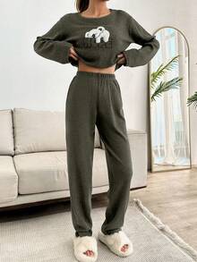 EURMUSE 2pcs Cute Lazy Koala Embroidery Detail PJ Set - Dark Grey - View 3