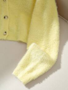 SHEIN Tween Girl Autumn/Winter Knitted Cardigan Sweater. Unique Design, Fluffy Texture, Showcasing Girls' Distinctive Fashion Taste. The White Tone Highlights Natural And Fresh Qualities, Can Be Paired With Various Clothing Including T-Shirts, Camisoles, Sundresses, Tulle Skirts, And Dresses. Comfortable Knitted Fabric. Front-Open Design For Easy Wear, Adding Convenience And Stylishness. Soft Girl Clothes Yellow Sweater Girls Yellow Sweater Summer Clothes For Teens Sweater Yellow Cardigan - Yellow - View 7