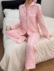 Pink Plaid Lapel Collar Top & Pants Pajama Set, Winter Clothes
