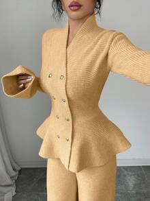 Elenzga 两件套：优雅休闲通勤蓝色立领喇叭袖收腰开衫和直筒针织衫，秋冬款 - 卡其色 - 查看 8