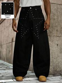PAVTROS Men's Autumn Street-Style Washed Black Straight-Leg Jeans With Five-Star Rivets - Black - View 1