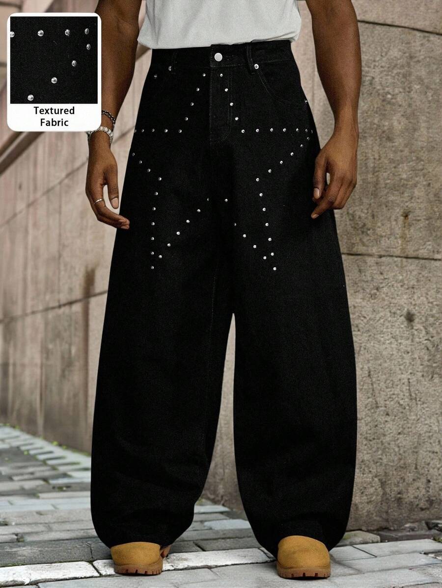 PAVTROS Men's Autumn Street-Style Washed Black Straight-Leg Jeans With Five-Star Rivets - Black - View 1