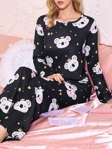 可爱考拉卡通印花圆领女式睡衣套装，可爱睡衣，考拉睡衣，可爱睡衣套装，卡哇伊睡衣，女式睡衣，冬季服装 - 彩色 - 查看 6