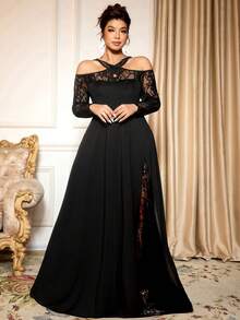 Cravure Plus Size Solid Color Off-Shoulder Long Sleeve Sheer Sexy Ruffle Hem Vintage Lace Dress - Black - View 1