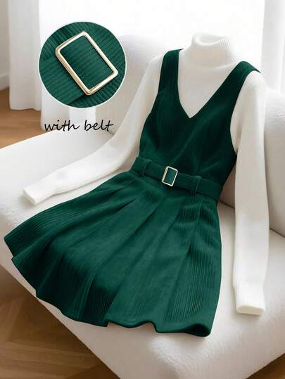 GlowEve Women's Corduroy Waist Fit & Flare Casual Everyday Versatile Fashion Apricot Dress