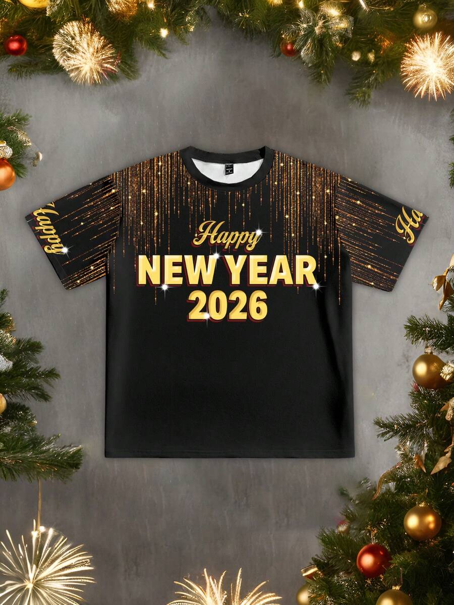 Manfinity Homme Men's Casual New Year 2026 Golden Glitter "Happy New Year" Print Fitted T-Shirt Fireworks T Shirt Celebration T-Shirt Holiday Top - Multicolor - View 1