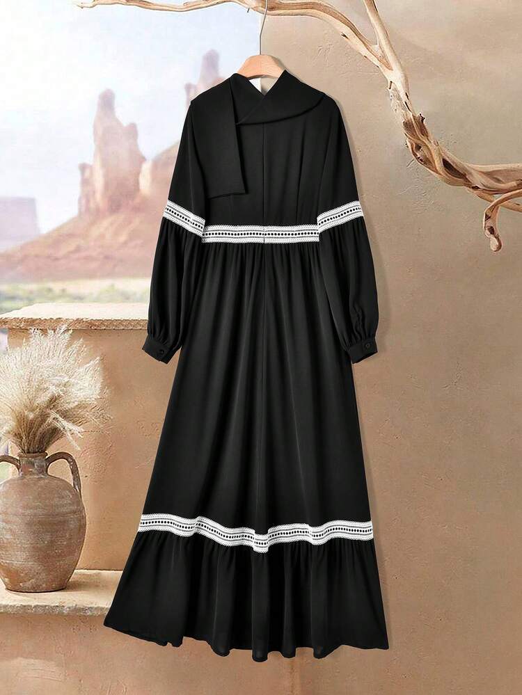 Women's Contrast Lace Long Sleeve Loose Casual Dress  Winter Clothes For Women