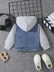 Chaqueta vaquera para niños pequeños, nueva llegada de otoño/invierno, capucha de punto retazos, lavado azul medio vintage, retazos de punto gris jaspeado, chaqueta vaquera con capucha ajustada y abrigo, tela suave y cómoda, versátil para uso diario casual, ropa de abrigo para bebés y niños pequeños - Multicolor - Ver 2