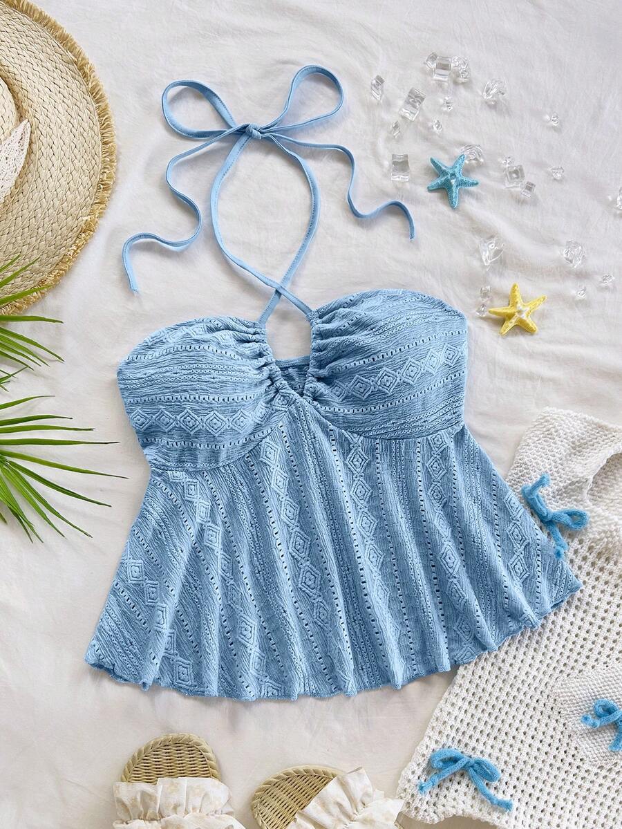 Soleia WYWH Women's Vacation Textured V-Neck Casual Halter Neck Tank Top, Greyish Blue, Loose Fit, Suitable For Party, Date, Layering,Vacation Outfits, Tropical Outfits, Casual Women Outfits - Blue - View 1