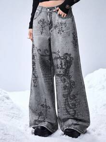 ROMWE Grunge Punk 男女皆宜的复古街头天使与藤蔓皇冠印花宽松阔腿牛仔裤 - 灰色 - 查看 5