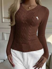 SHEIN Tall CURVE 大码女式骑士图案长袖V领毛衣，秋冬款 - 棕色 - 查看 4
