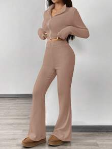 SHEIN NOVA GLOW Tween Girl Tween Girls' Solid Color Knit Cardigan Jacket And Flared Pants Set, Casual Sportswear - Khaki - View 3