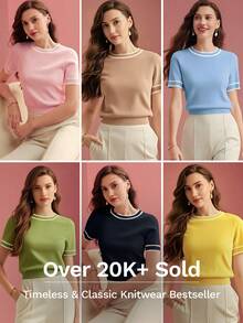 MOTF PREMIUM CONTRAST TRIM SHORT SLEEVE KNIT TOP KNIT PULLOVER FALL WINTER