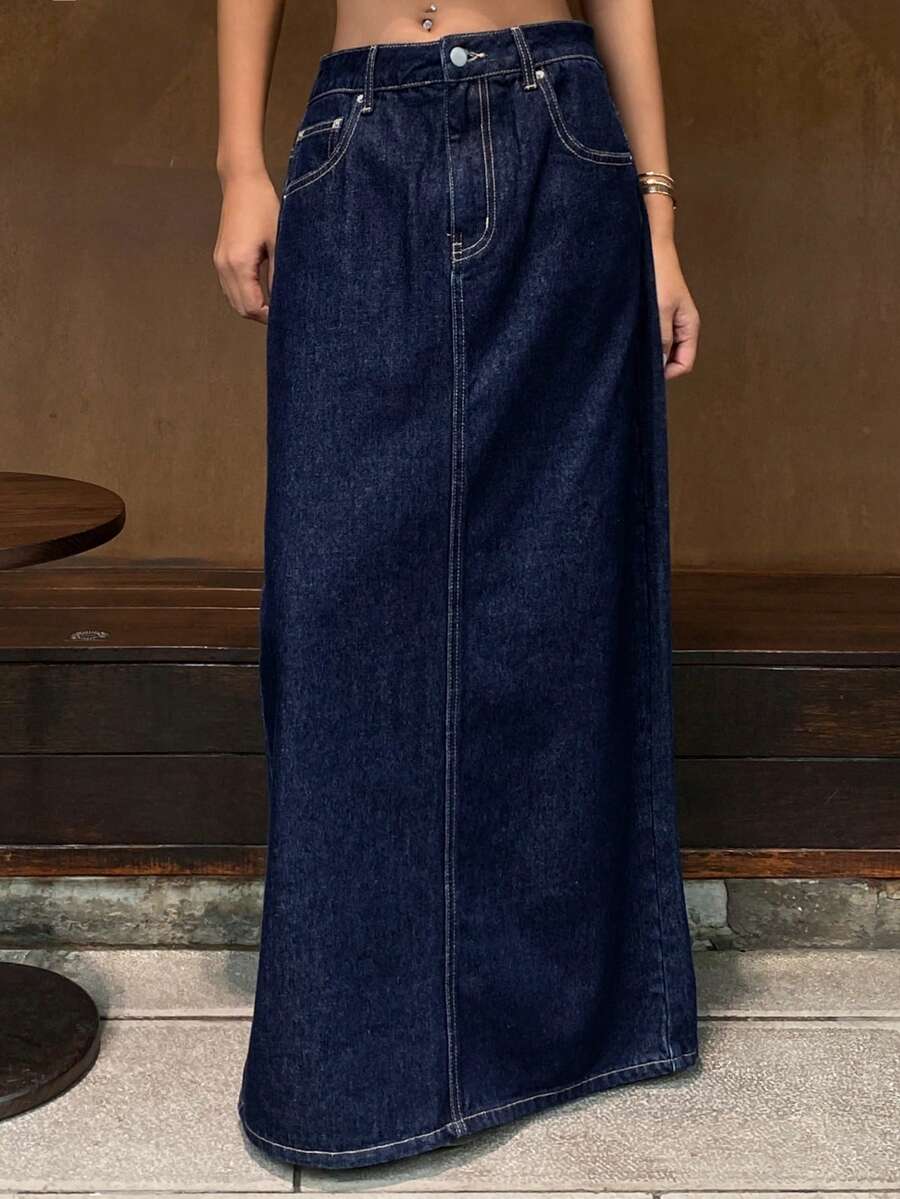 DAZY 女士带口袋直筒宽松休闲加长牛仔裙 - 藍色 - 查看 1