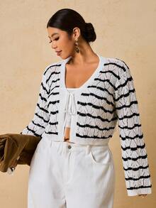 SHEIN VCAY Plus Size Fashionable Contrast Striped Tie-Front Cropped Cardigan/Winter - Black and White - View 7