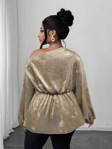 Maweii Cămașă elegantă casual pentru femei, mărime plus, cu umeri oblici, decor 3D cu trandafiri plisați, talie strânsă, material strălucitor, potrivită pentru primăvară, toamnă, iarnă